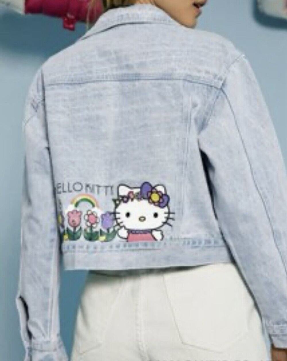 Hello Kitty Flowers Light Wash Denim Button Up Long Sleeve Jean Jacket Size S 4